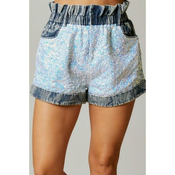 Fantastic Fawn Pants - Fantastic Fawn Sequin Color Block Paper Bag Denim Shorts in Denim IFP51932-03
